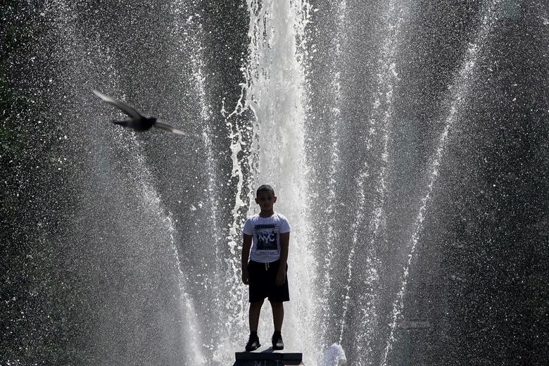 A child plays in a fountain in Washington Square Park as a pigeon flies past in Manhattan. REUTERS/Carlo Allegri  